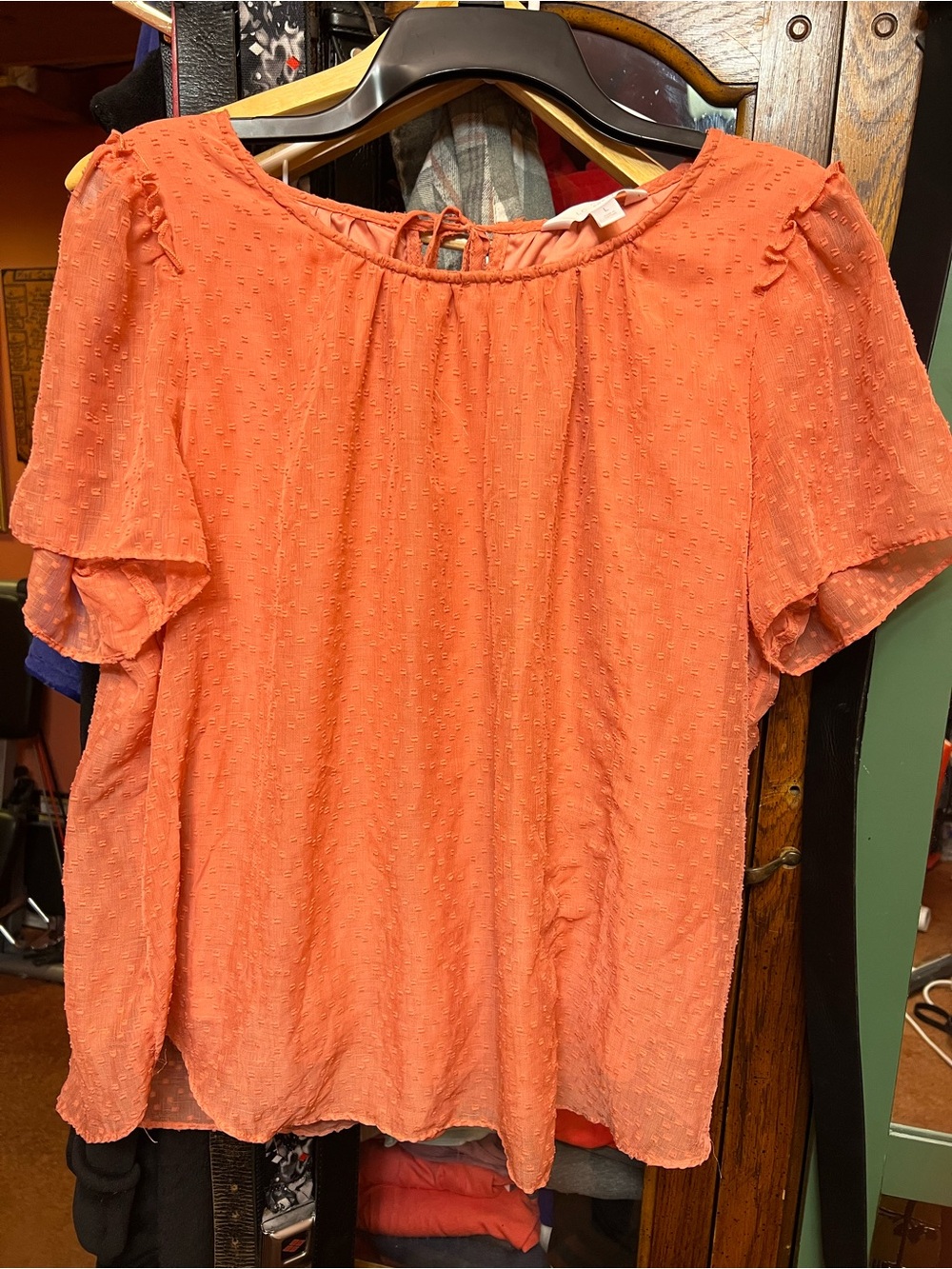 LC Lauren Conrad Coral-Orange Short Sleeve Textured Blouse